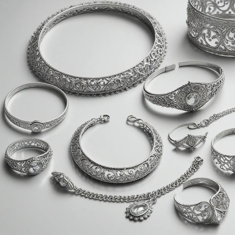 Silver filigree bangles, rings and a chain bracelet set with clear stones